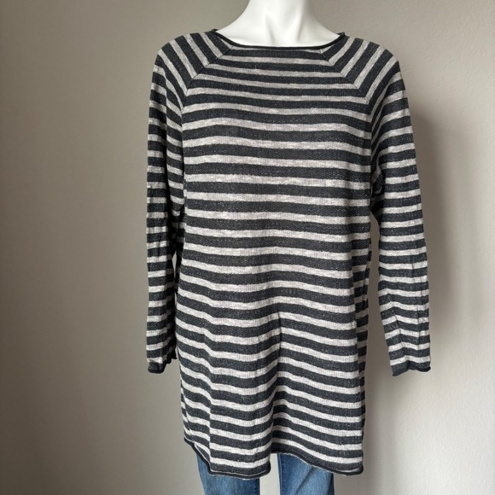 Eileen Fisher Linen Blend Black Grey Striped Long Sleeve Tunic Top Women Size L